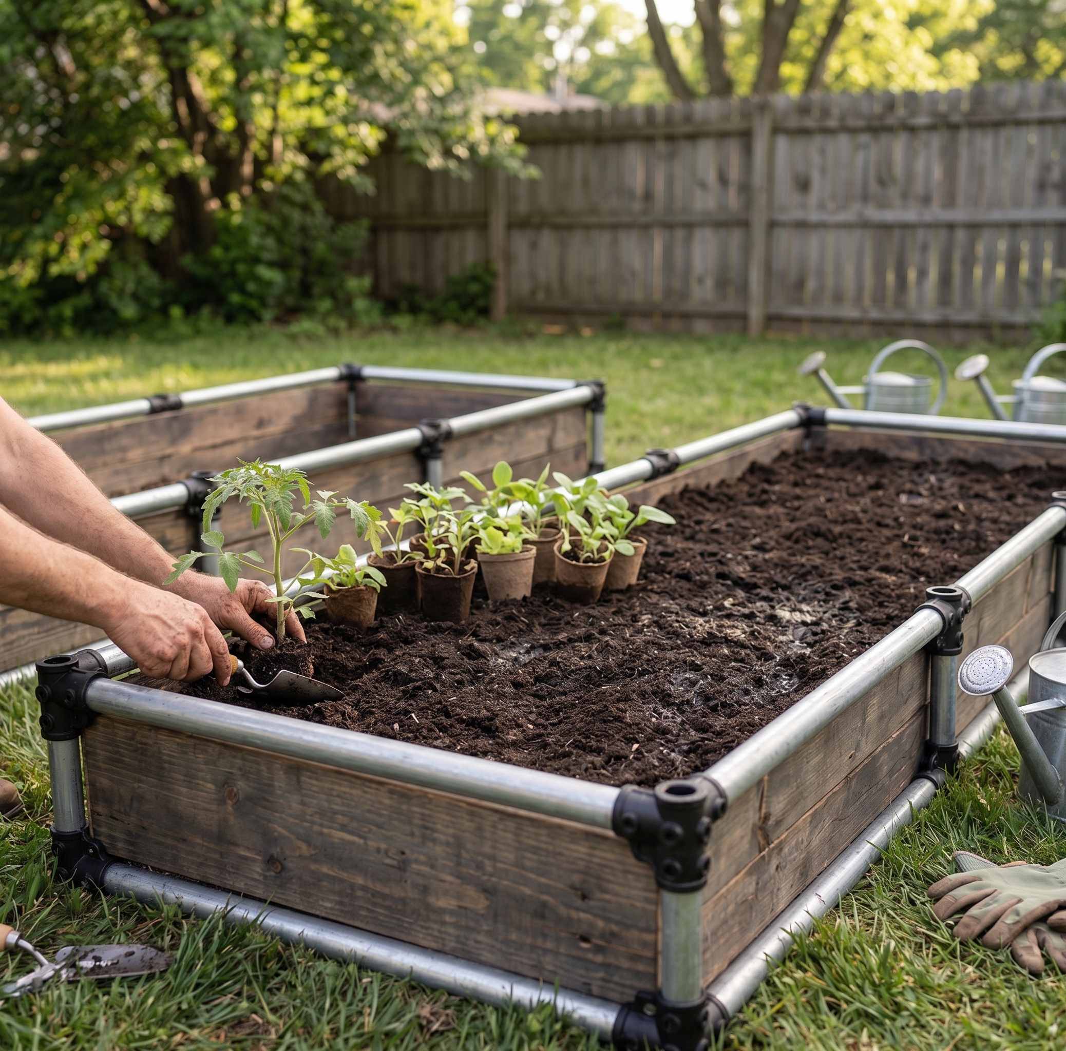 Two raised beds with soil
