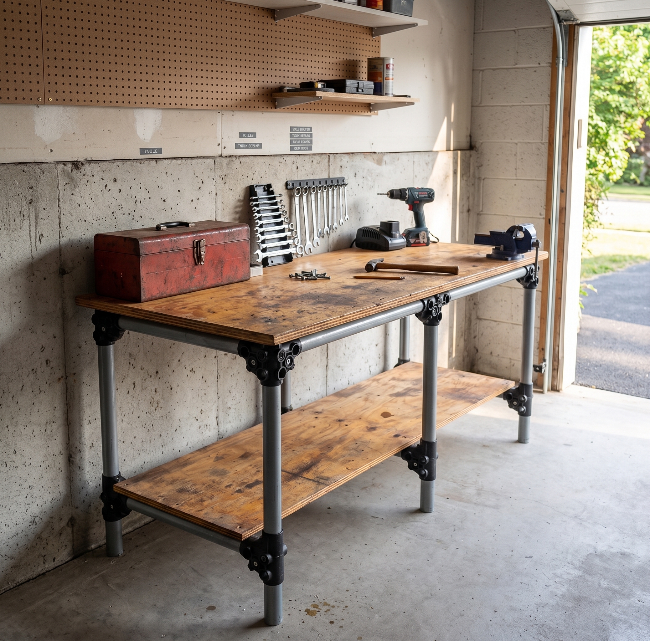 Workbench in garage daylight
