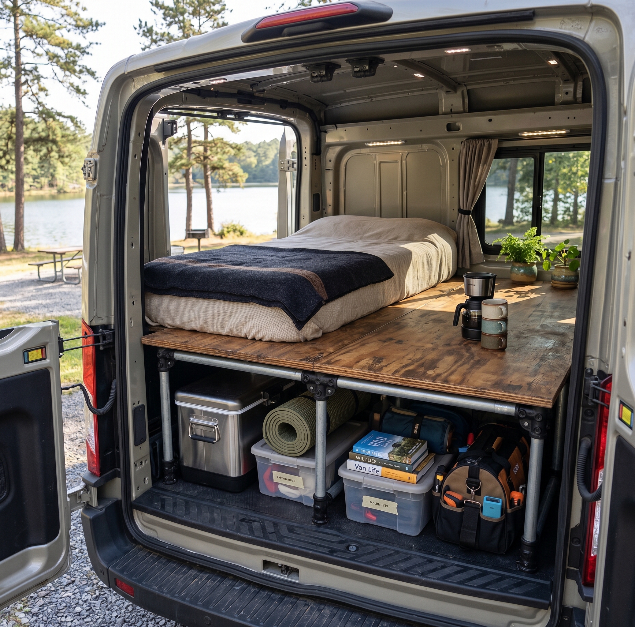Bed platform inside a van