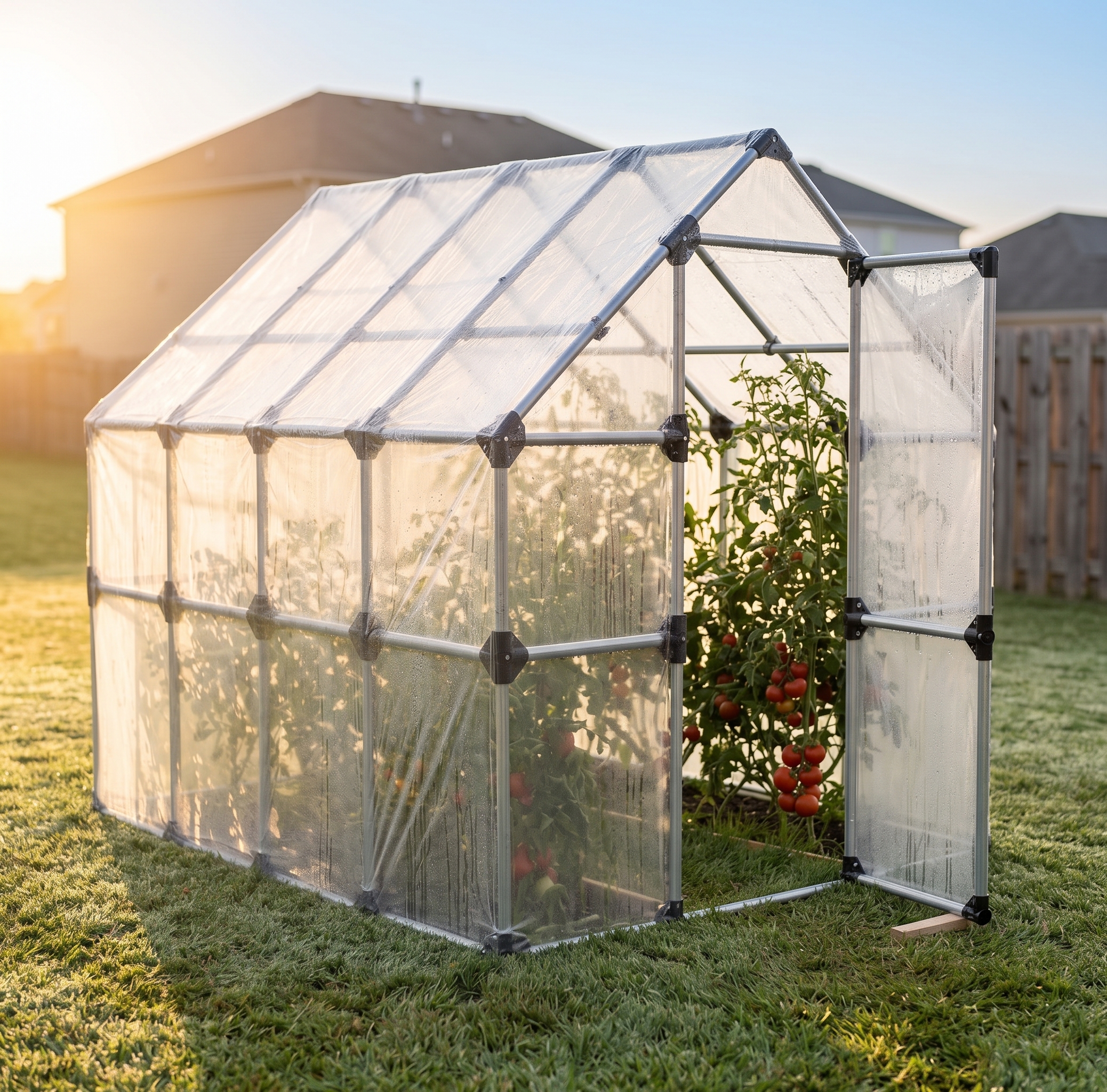 Backyard greenhouse in morning light