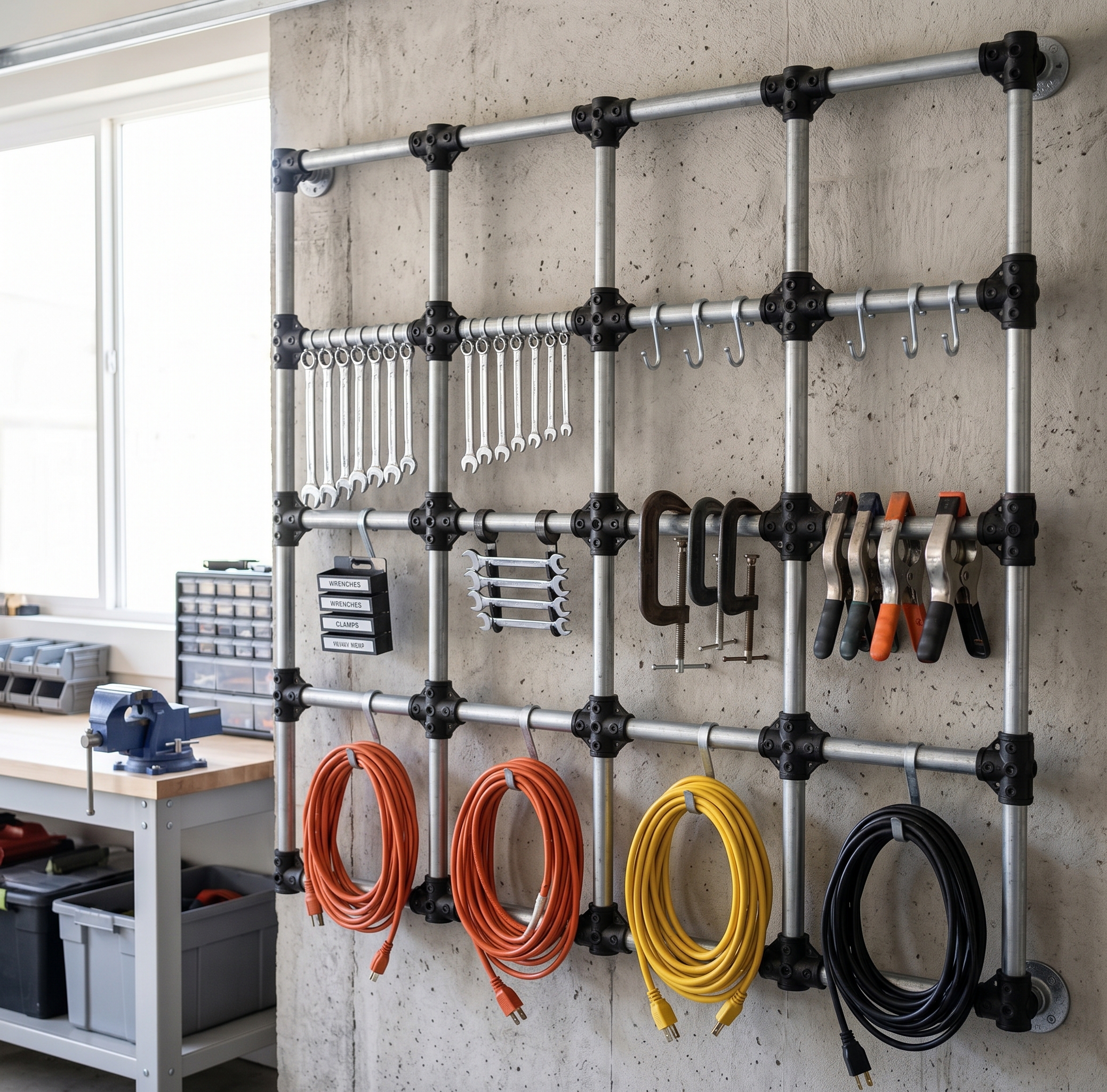 Rail grid with tools on a wall